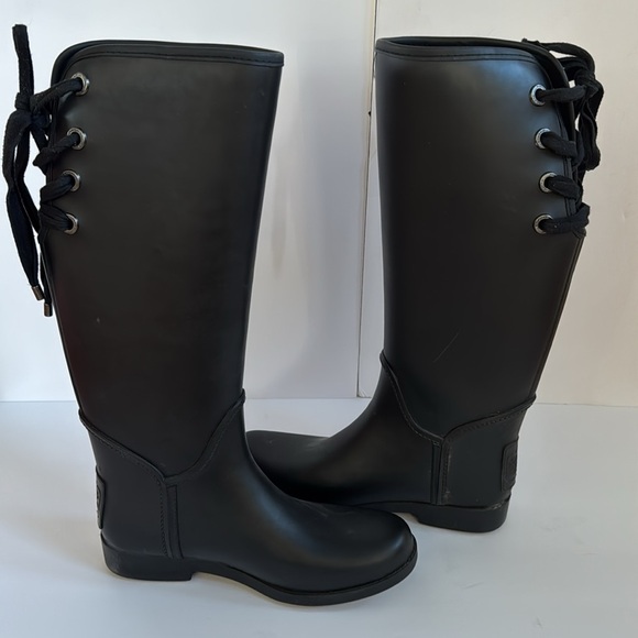 Coach Tristee Tall Black Rubber Matte Lace Up Slip on Rain Boots Size 8 - Picture 3 of 14